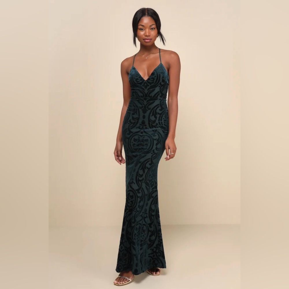 Lulus Marvelous Icon Emerald Velvet Glitter Backless Maxi Dress